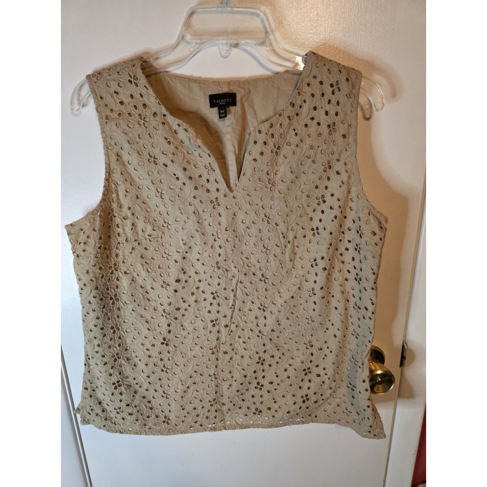 Talbots Tan Cotton Eyelet floral Slit Neck Sleeveless Blouse Tank Top 16 Petite